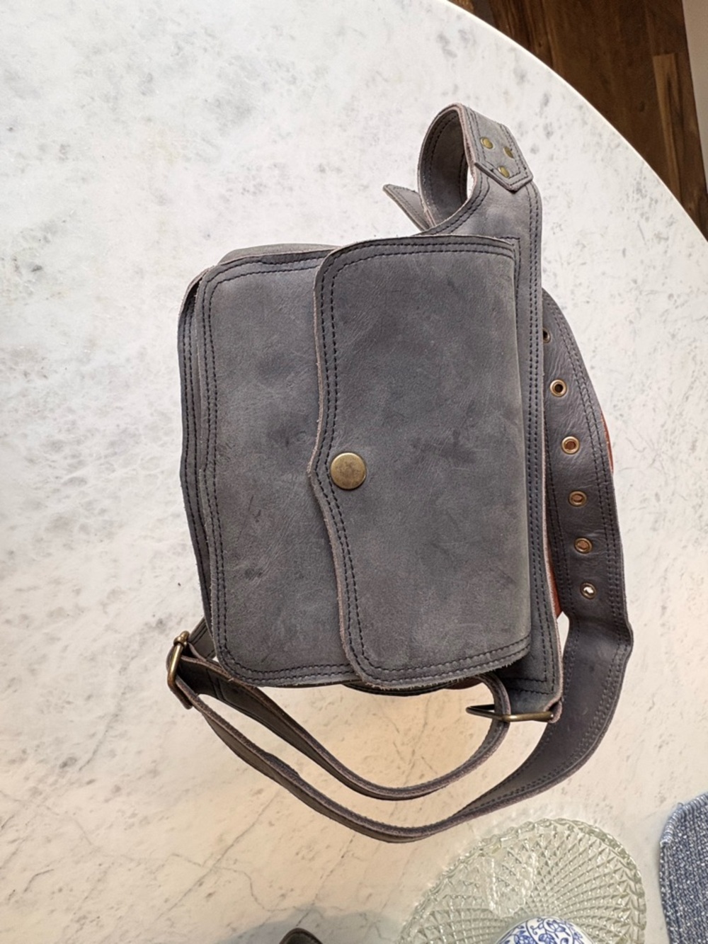 Gray whole-grain, leather Crossbody/Belt Bag with Adjustable Strap